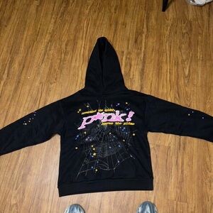 Black Hoodie with Colorful Graphic Design and Speckled Pattern